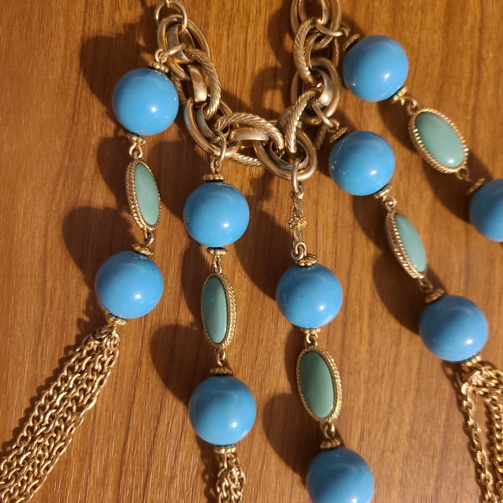 Golden Tassels & Faux Turquoise Statement Necklace - Picture 2 of 4